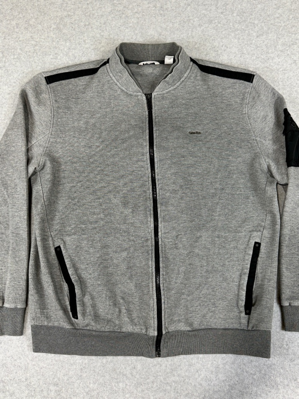 Calvin Klein Mens XL Full Zip Bomber Jacket Gray Black Tactical Pocket Fleece